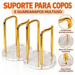 Porta Copos de Mesa Transparente com Suporte Metálico Dourado Organizador para Cozinha