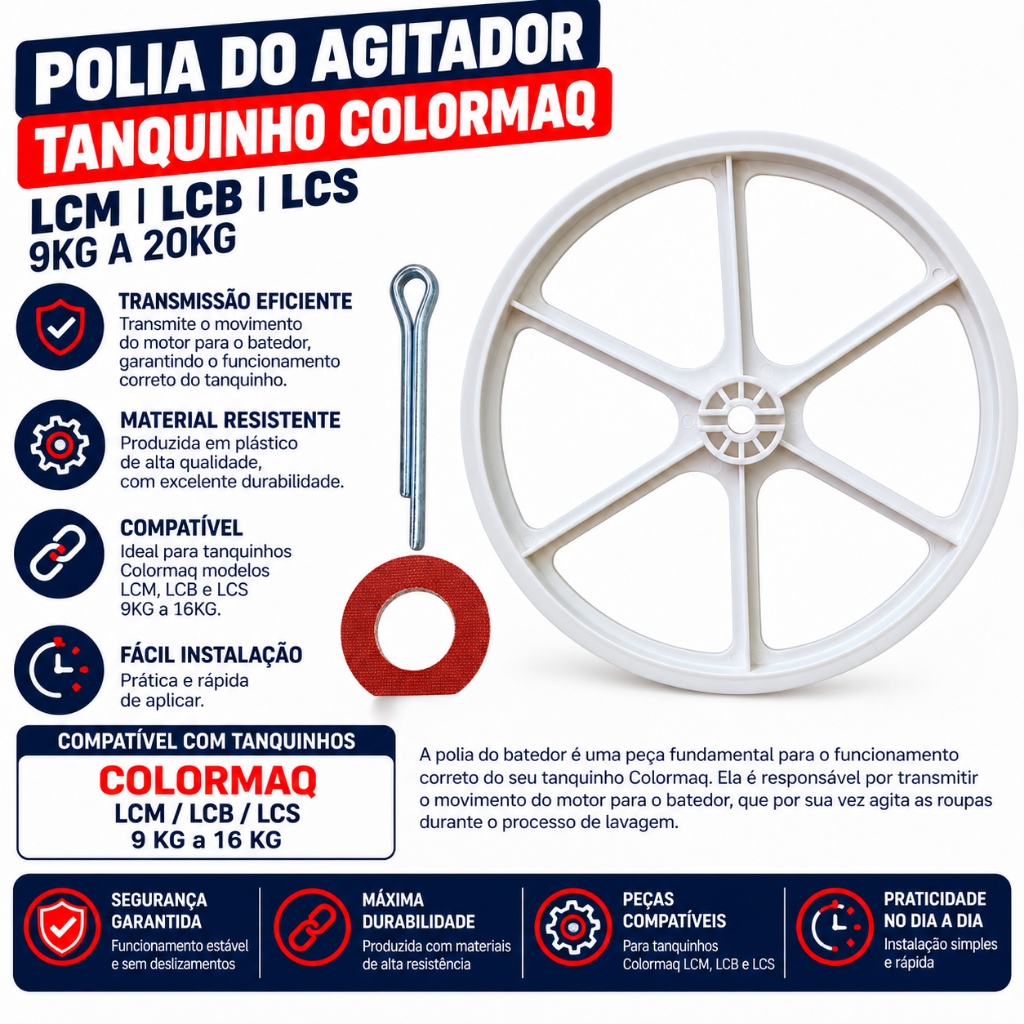Polia Do Agitador + Arruela Celeron + Cupilha Tanquinho Colormaq Lcm Lcb Lcs 9Kg A 20Kg
