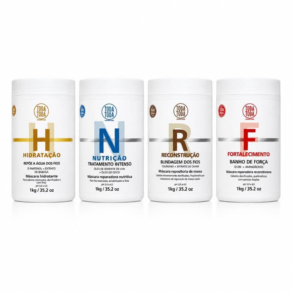 Kit Cronograma 4 Máscaras 1kg Hidratação, Nutrição, Reconstrução e Fortalecimento - Toda Toda Cosmetcs
