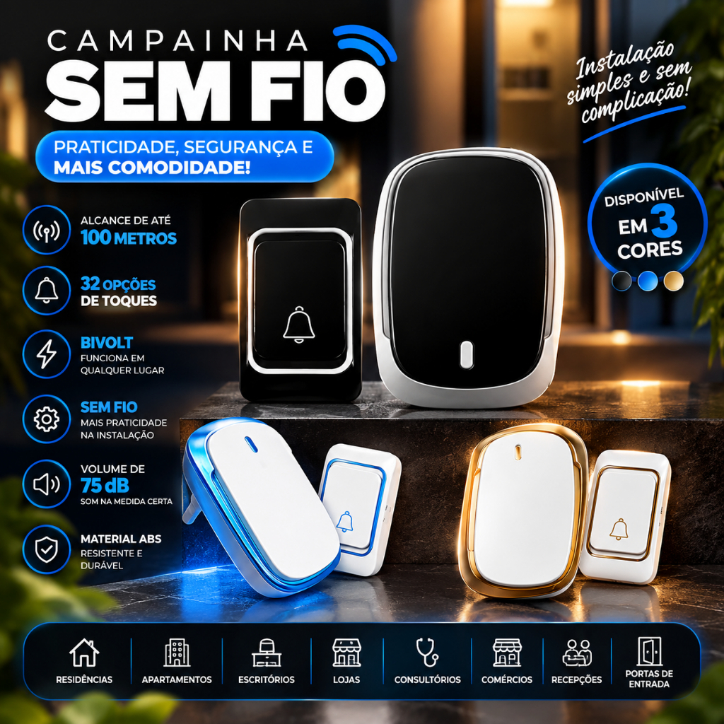 Campainha Sem Fio Externa 100m Alcance Longo Bivolt 32 Toques com Receptor