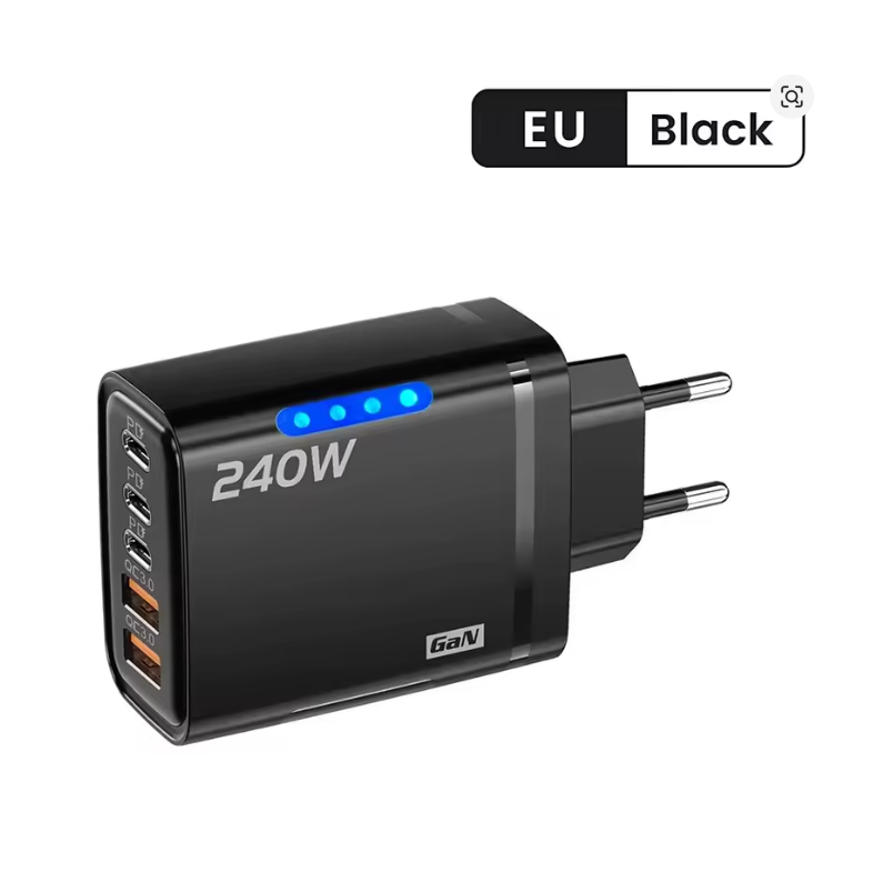 Carregador Turbo Rápido 240W Multiportas 5 em 1 Fonte Tipo C USB LED Para iPhone Samsung Notebook