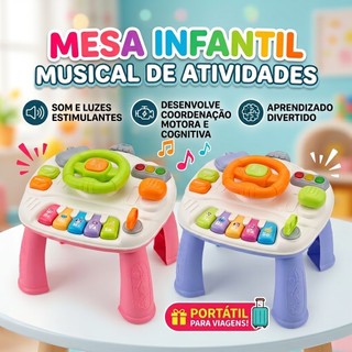 Mesa musical didática educativa sensorial infantil painel luz e volante mesinha interativa e diversão para seu bebê