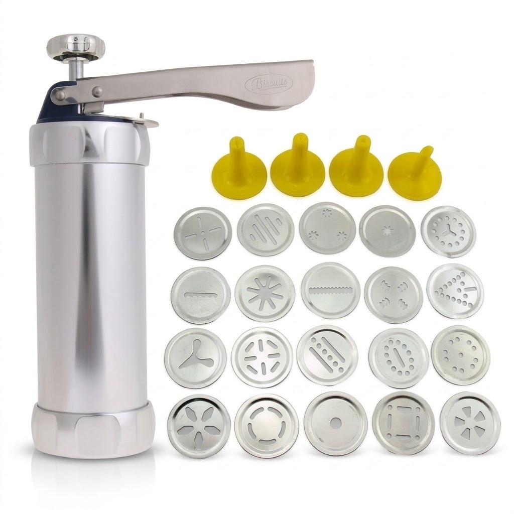 Máquina Biscoiteira Manual em Alumínio Cookie Press com 20 Moldes Discos e 4 Bicos para Biscoitos e Bolos