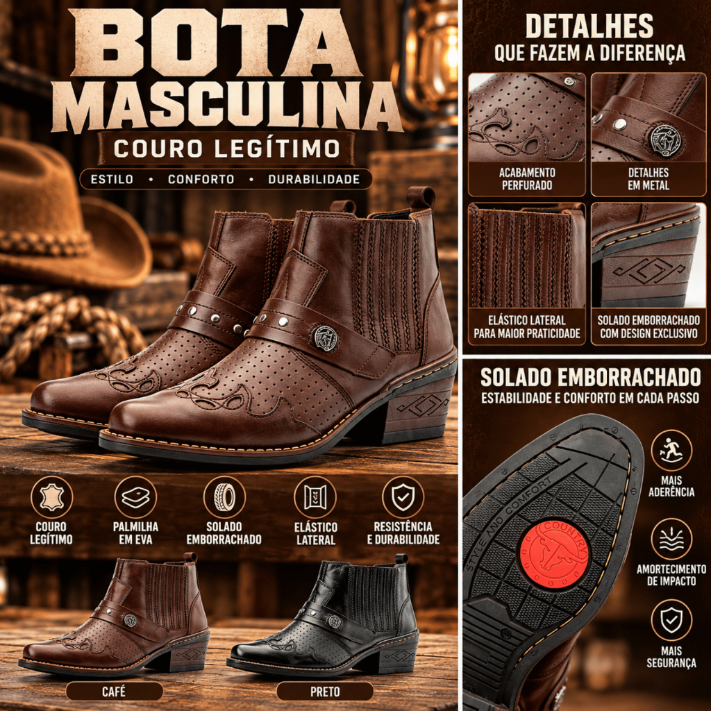 Bota Masculina Texana Country Couro Cano Curto Peão Elástico — imagem 2 de 2