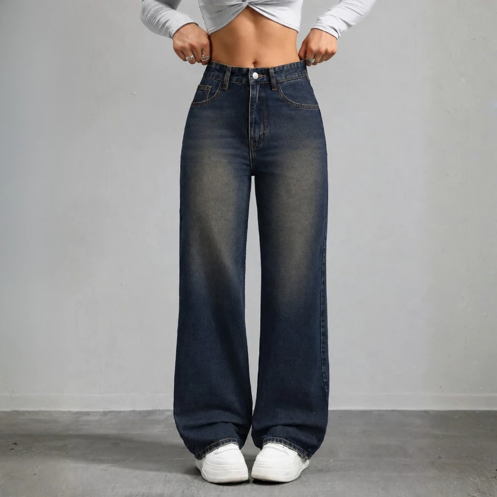 Calça Wide Leg Jeans Feminina Black Marmorizada Cós Alto 100% Algodão Premium — imagem 1