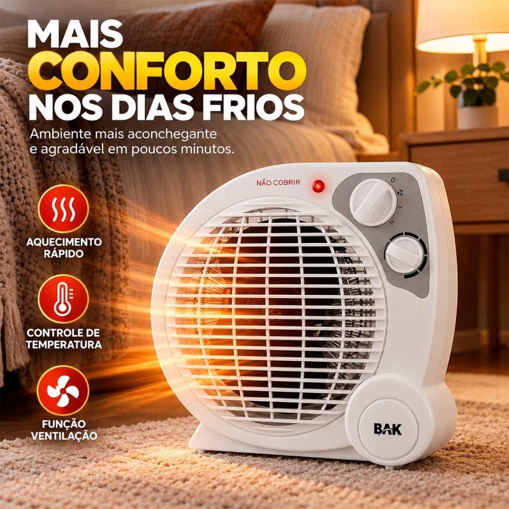 Aquecedor Termoventilador Elétrico Portátil 2 Níveis Aquecimento com Ventilação e Termostato