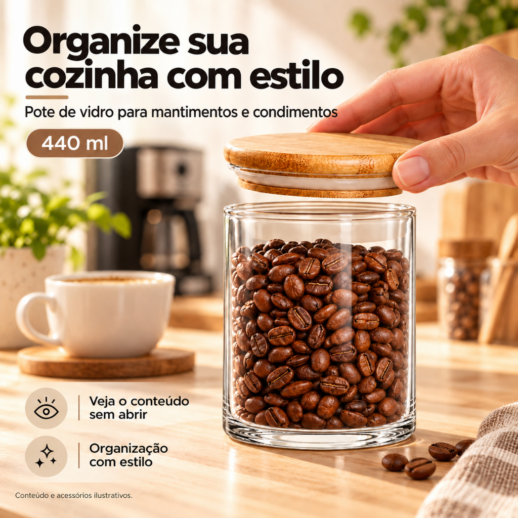 Pote de Vidro Hermético 440ml Tampa de Bambu Porta Mantimentos Unidade ou Kit 3