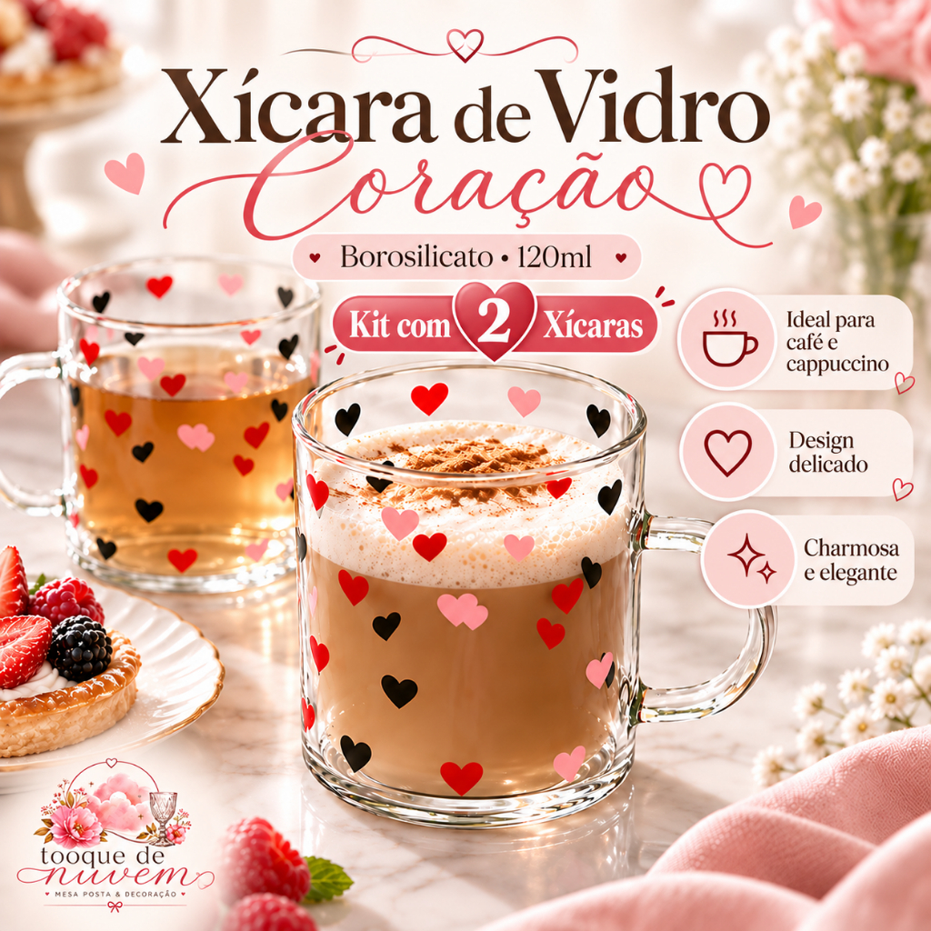 Kit 2 Xícaras Vidro Borossilicato 120ml Coração Café Cappuccino Presente Casal Mesa Posta Romântica