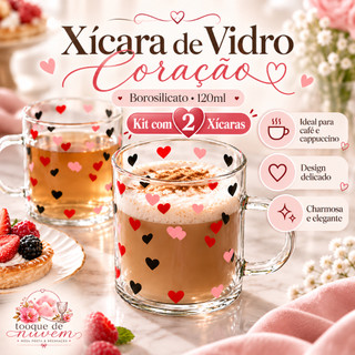 Kit 2 Xícaras Vidro Borossilicato 120ml Coração Café Cappuccino Presente Casal Mesa Posta Romântica