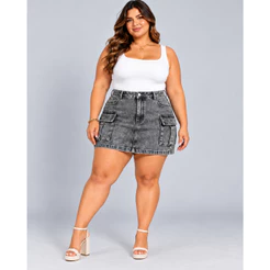 Saia Cargo Plus Size Curta Feminina Moda com Lycra Bolso na Lateral Estilosa Cintura Alta Grande