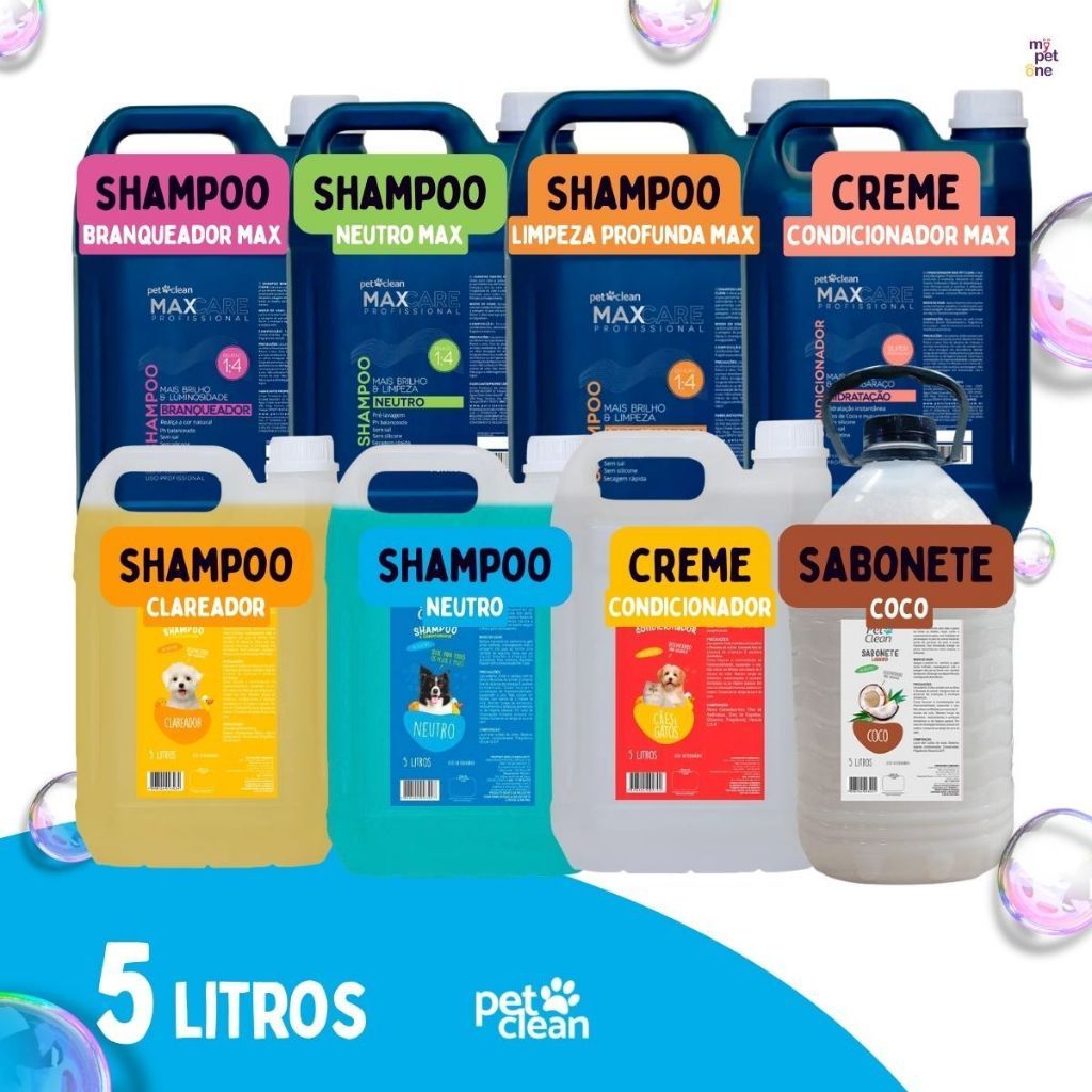 Shampoo e Condicionador 5L Sabonete Liquido Pet Clean Profissional Limpeza e Cuidados de Cachorro e Gato Tosa Pet Shop
