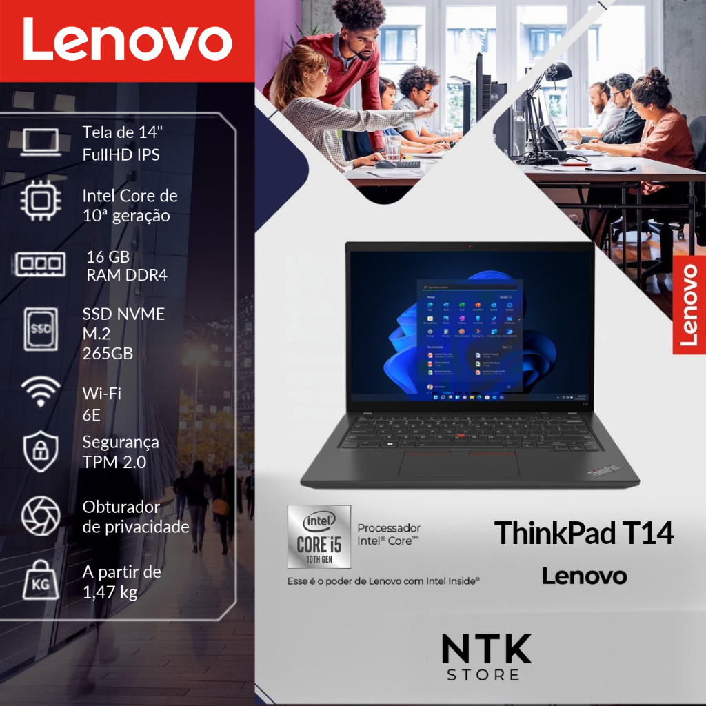 Notebook Lenovo ThinkPad T14 Intel Core i5 10th /16gb ram / 256gb ssd /Tela 14"FHD