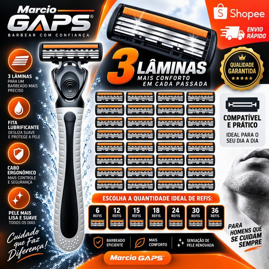 Aparelho de Barbear 3 Lâminas com Refis | Kits de 6 a 36 Cartuchos | Masculino e Feminino