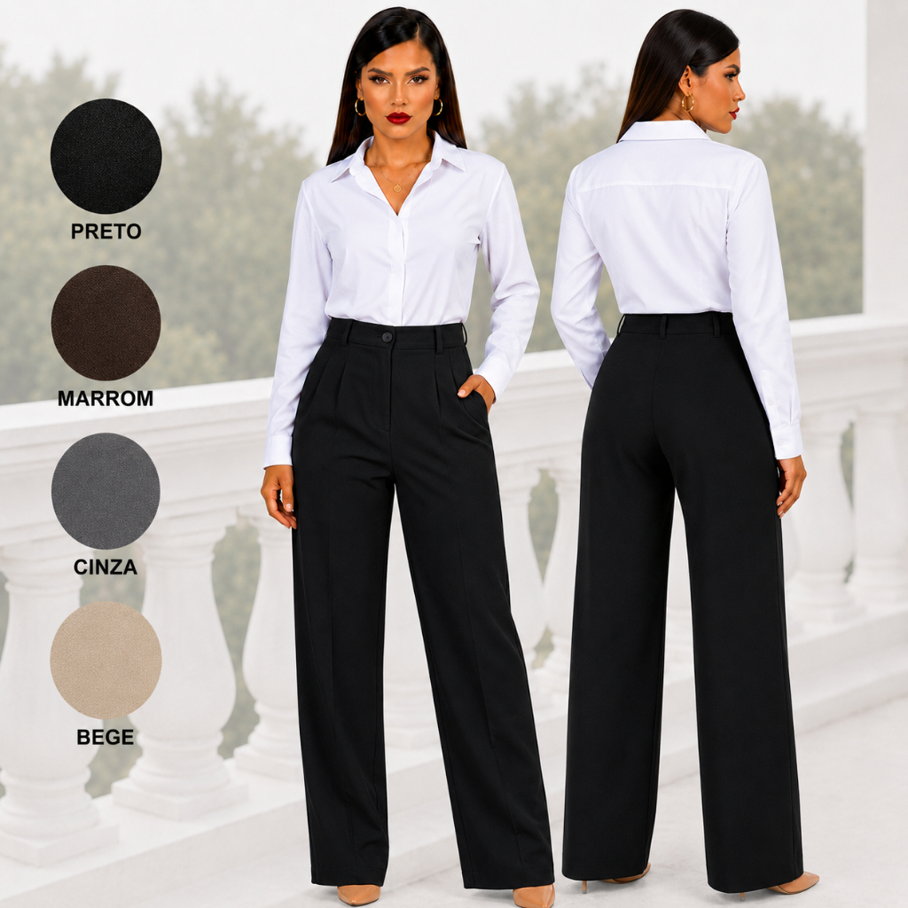 Calça Pantalona Feminina Alfaiataria Premium Cintura Alta Social Elegante Secretaria Executiva