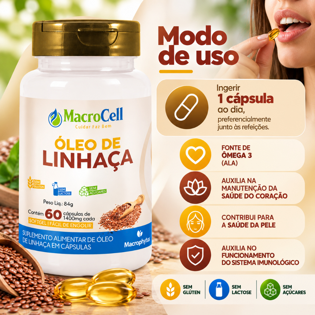 Óleo de Linhaça Dourada 60 Cápsulas MacroCell (Rico em Ômega 3 ALA) — imagem 2 de 2