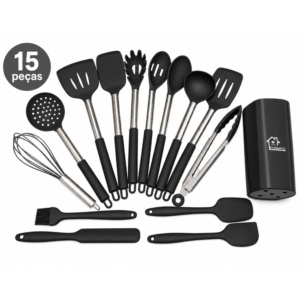 Kit Cozinha De Silicone Cabo De Aço Inox 15 peças Grande Alta Qualidade