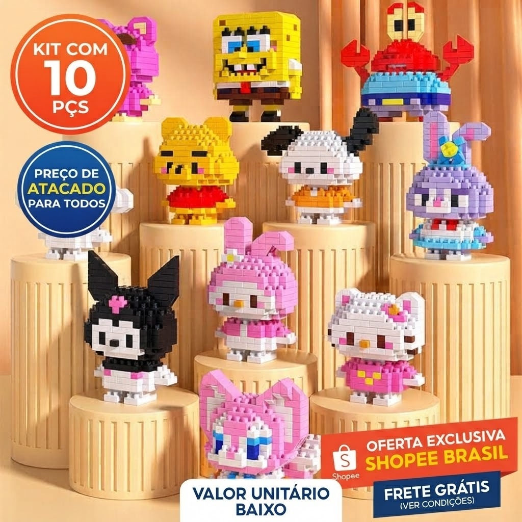 Kit 10 Mini Blocos de Montar Personagens - Brinquedo Educativo e Colecionável (Preço Atacado)