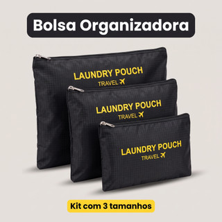 Kit Organizador de Mala 3 Sacos para Roupa Suja em Tecido com Zíper P M G Preto para Viagem
