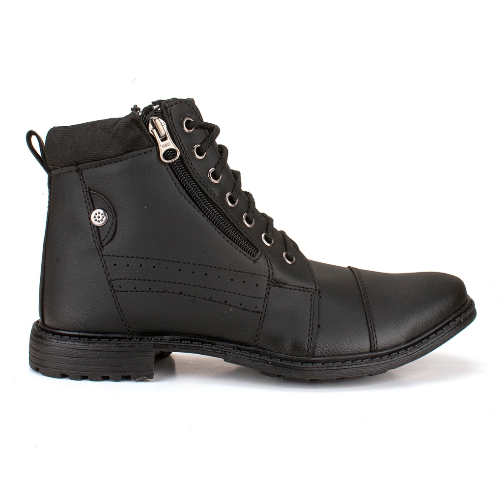 Coturno Masculino Cano Médio com Cadarço e Zíper Lateral - Preto