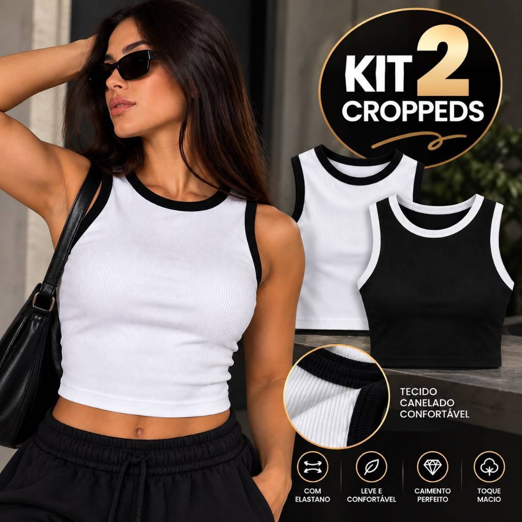 Kit 2 Cropped Feminino Canelado Bicolor Regata Preto e Branco Casual Academia tamanho único