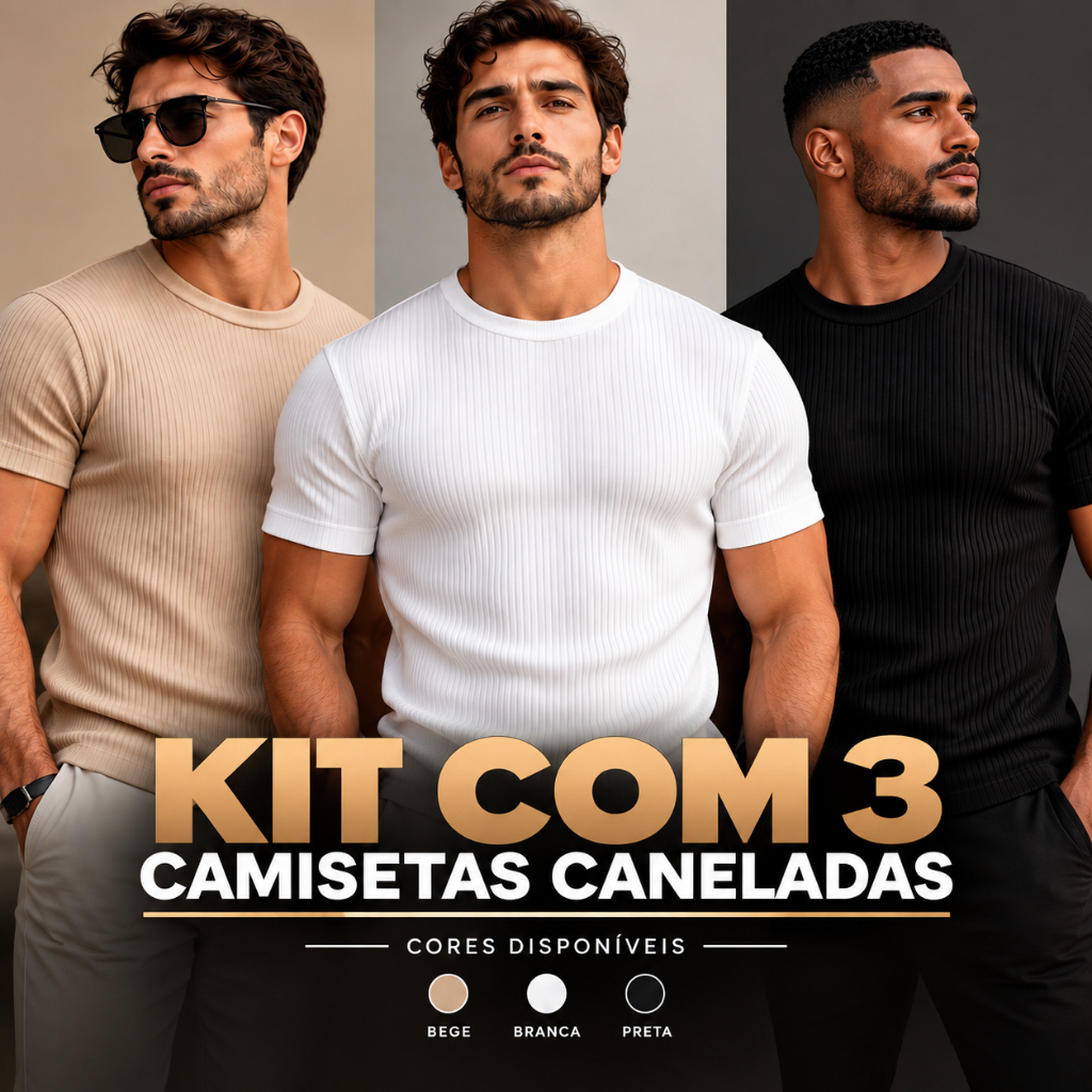 Kit 3 Camisetas Masculinas Caneladas Slim Fit Ribana Estilo Americana Justa ao Corpo