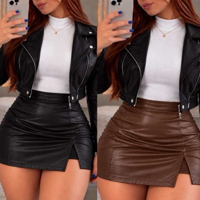 Saia Short Couro Fake Feminina Cintura Alta com Sobreposição e Fenda Look Elegante Fashion