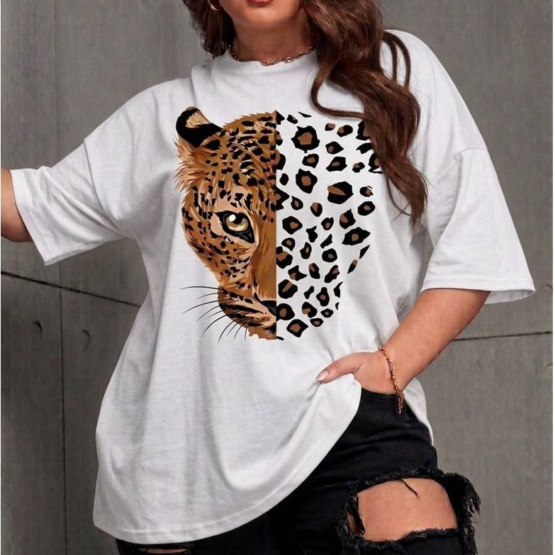 Camiseta  Feminina Tshirt Estilosa Estampada Onça Pintada Camiseta  Algodão Camisetão Oversized Plus Size