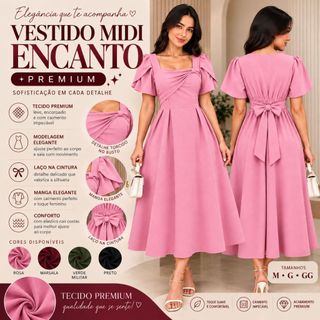 Vestido Midi Encanto Feminino em Duna Premium com Manga Elegante Laço na Cintura e Lastex nas Costas Tecido Premium
