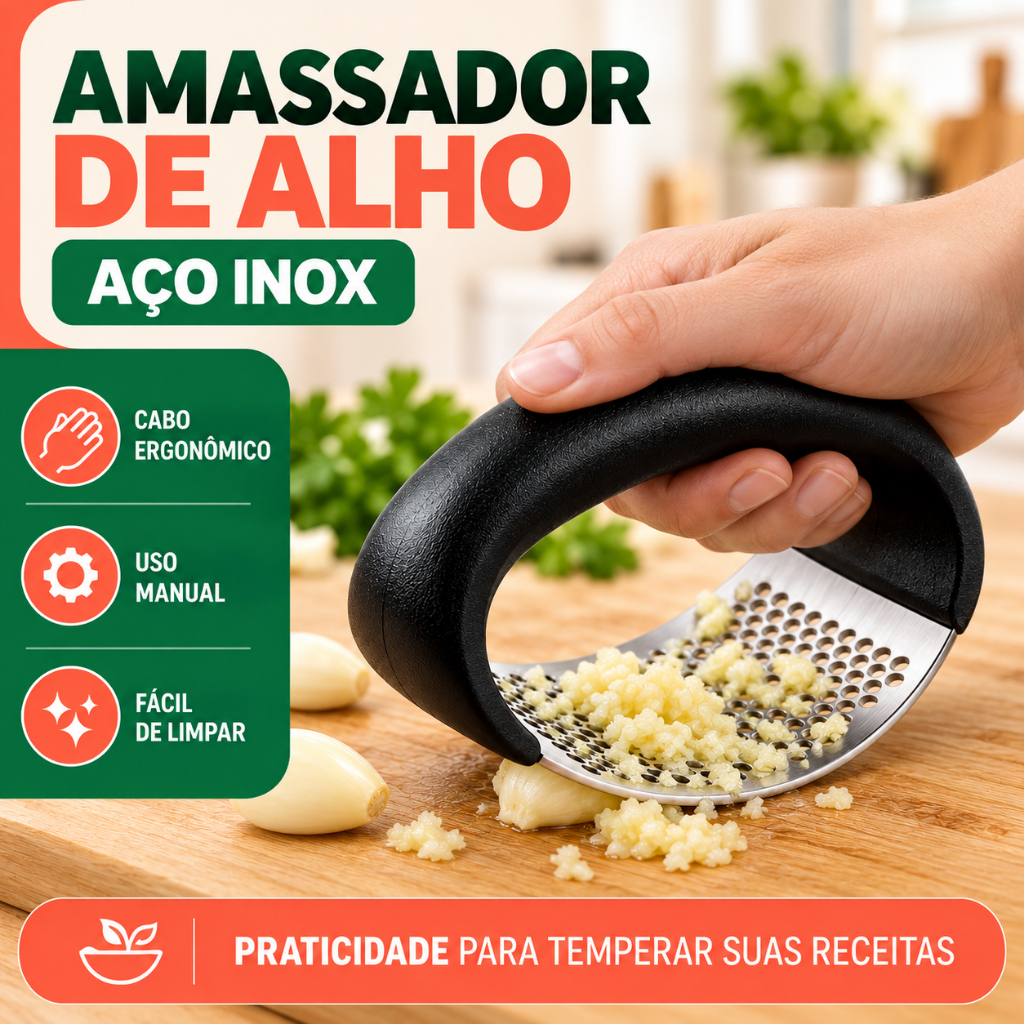 Espremedor Amassador de Alho Manual Triturador Cabo Ergonômica Aço Inox para Cozinha