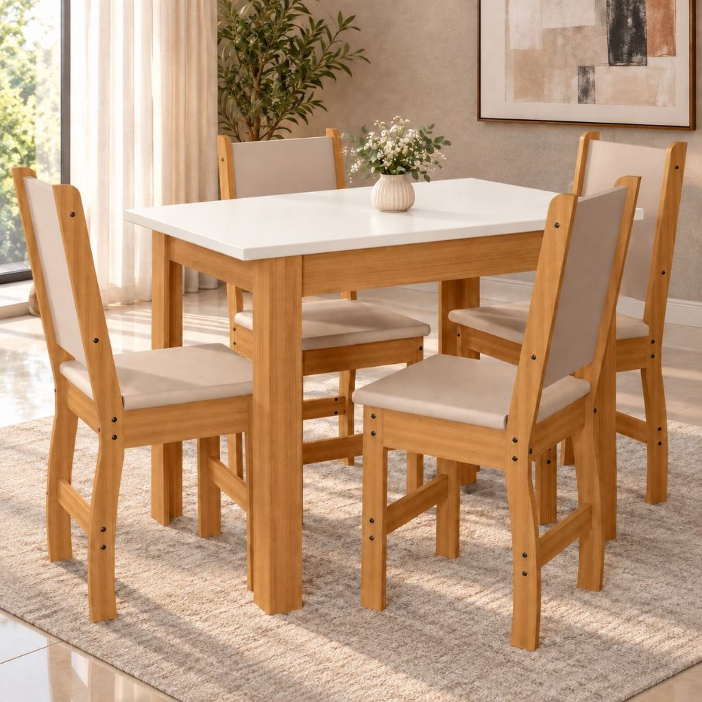 Conjunto Mesa de Jantar Bellagio Retangular 108 cm com 4 Cadeiras Clara Estofadas Poliman Móveis