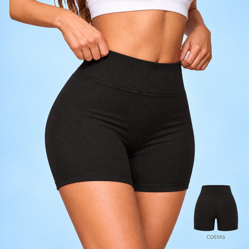Short Academia Feminino Cintura Alta Canelado Fitness Elástico Short Esportivo para Treino Corrida Yoga Pilates