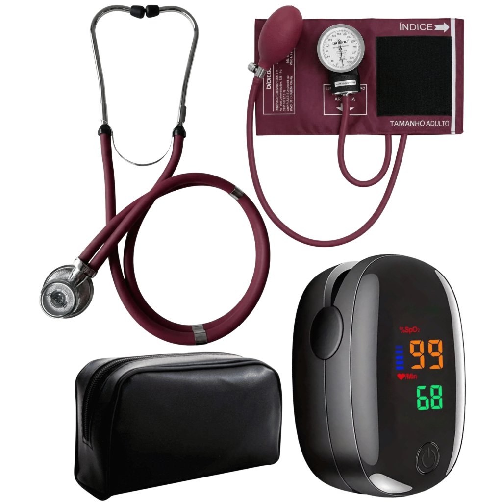 Kit Enfermagem Esfigmomanometro e Estetoscópio Adulto e Infantil com Oximetro - VINHO ROSA PRETO AZUL GRAFITE VERDE