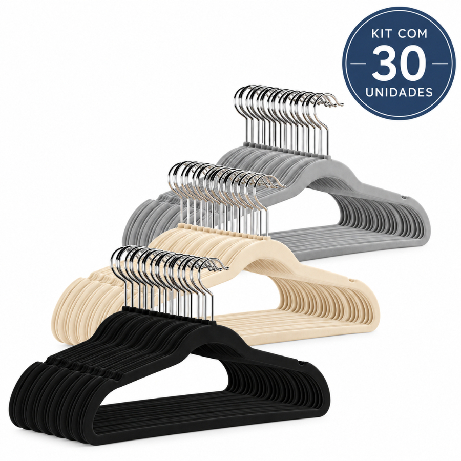 Kit Jogo 30 Cabides de Veludo Slim Adulto 360° Antideslizante Para Roupas