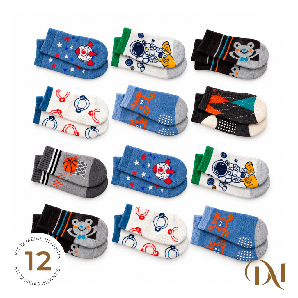 Kit 12 Pares Meias Infantil Masculina Menino Estampadas Antiderrapantes Cano Médio Confortáveis