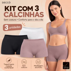 Kit 3 Calcinhas Basica She Boxer Box Anatomica Sem Costura Em Microfibra Basica