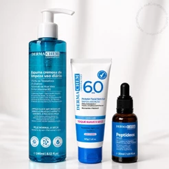 Kit Limpeza Hidratação Facial Espuma Cremosa Protetor Solar FPS 60 Sérum Peptídeos Skincare Cuidados Pele Beleza