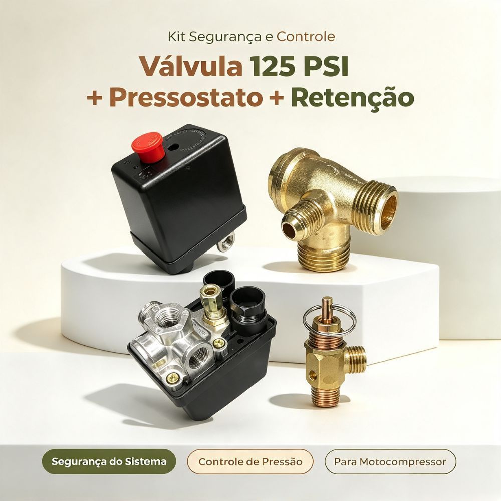 Kit Segurança e Controle p/ Motocompressor: Válvula 125 PSI + Pressostato + Retenção