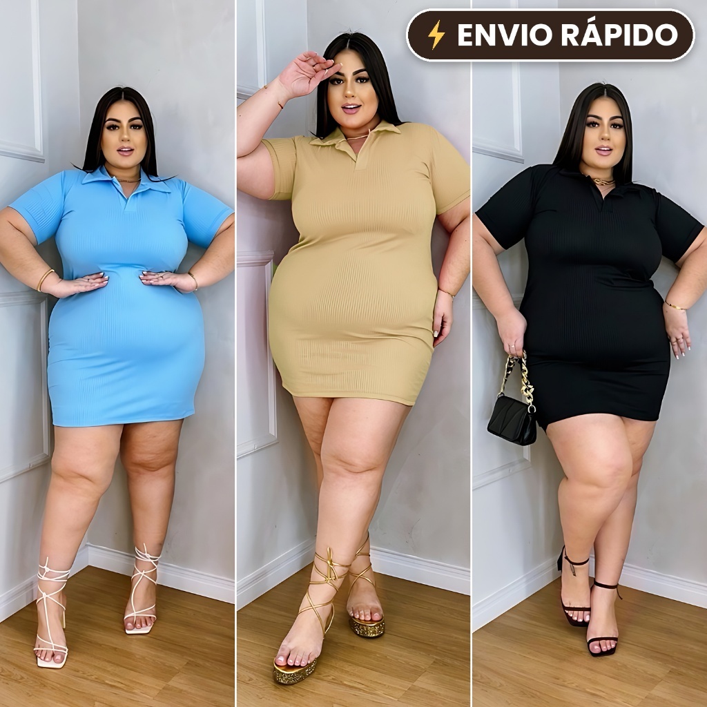 Vestido Gola Polo Feminino Canelado Plus Size Tubinho Manga Curta - P ao G1