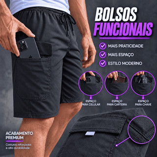 Bermuda Masculina Sarja Brim Short Masculino Cargo Plus Size Com Bolso Cordão Elástico Ajuste Casual