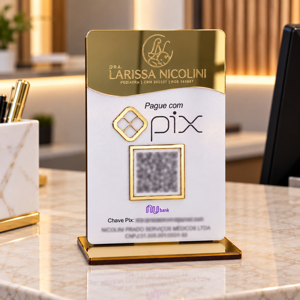 Placa Identificação Display 01 Qrcode Pix Com Logo Personalizado Mdf Acrílico Espelhado 15x10cm