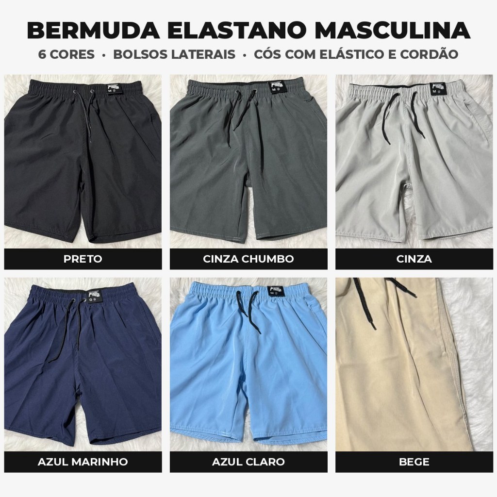 Bermuda Masculina Tactel Elastano Short Academia Praia Casual Leve com Bolsos Cós Elástico e Cordão