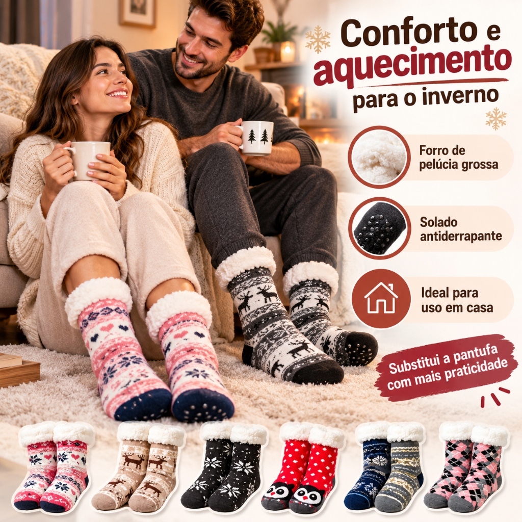 Meia Pantufa Adulta Unissex Antiderrapante Forrada com Pelúcia Inverno 1 Par Cores e Estampas Aleatórias