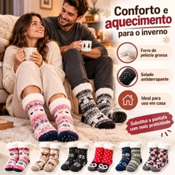 Meia Pantufa Adulta Unissex Antiderrapante Forrada com Pelúcia Inverno 1 Par Cores e Estampas Aleatórias
