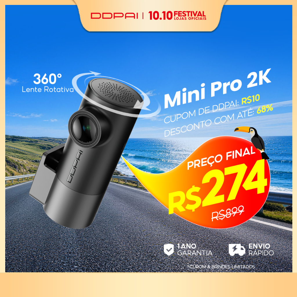 Ddpai Mini Pro Uber Câmera Veicular 2K Ângulo de 140° Dash Cam Wi-Fi Visão Noturna Monitoramento 24h