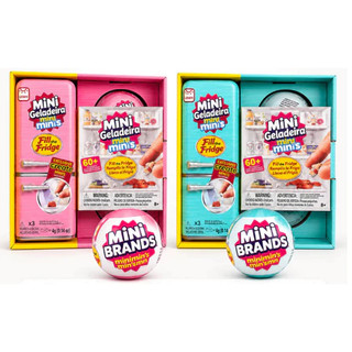 Kit Mini Geladeira de Brinquedo + 2 Cápsulas Surpresas Colecionável Mini Brand Azul e Rosa