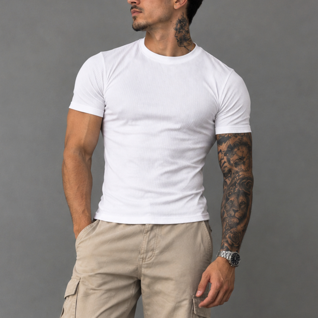Camiseta Masculina Canelada Americana Slim Fit Premium Camisa Casual Estilo Americano Moda Masculina