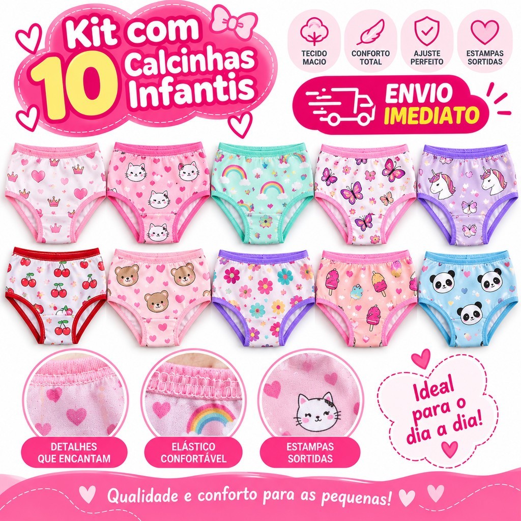 Kit 10 Calcinhas Infantis, menina, criança, 100% Algodão Menina | Confortáveis, Macias, Estampas Sortidas | P ao GG