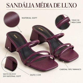 Sandália Tamanco Feminina em Material Soft com Tiras de Meia Cana, Salto Bloco Médio de 5 cm