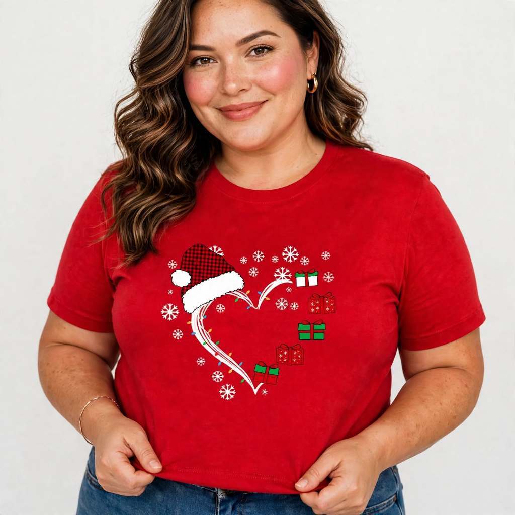 Camiseta Plus Size Feminina P Ao G5 100% Algodão Estampada Natal Coração Básica Casual Academia Verão Blusa Plus Size