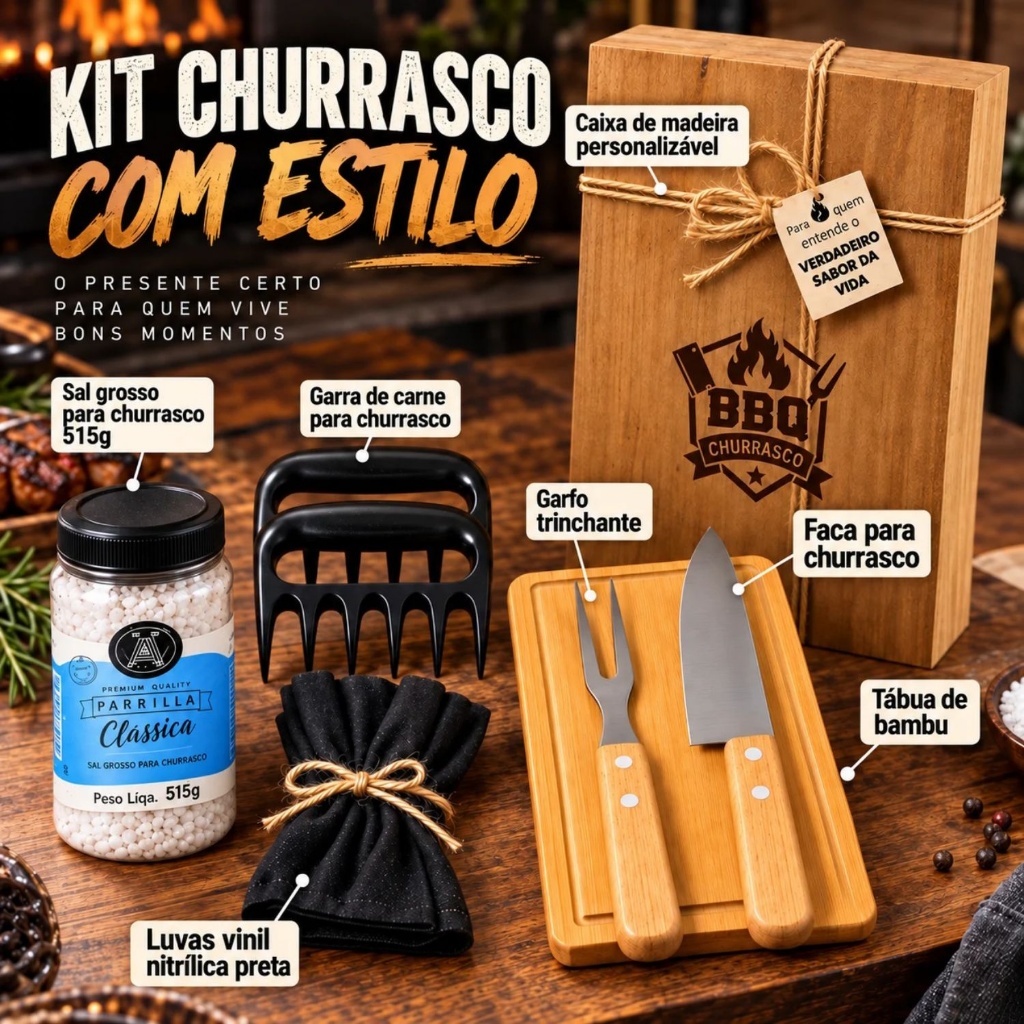 Kit Churrasco BBQ Premium Com Maleta em Madeira | Presente Ideal - PERSONALIZE COM NOME OU LOGO! — imagem 2 de 2